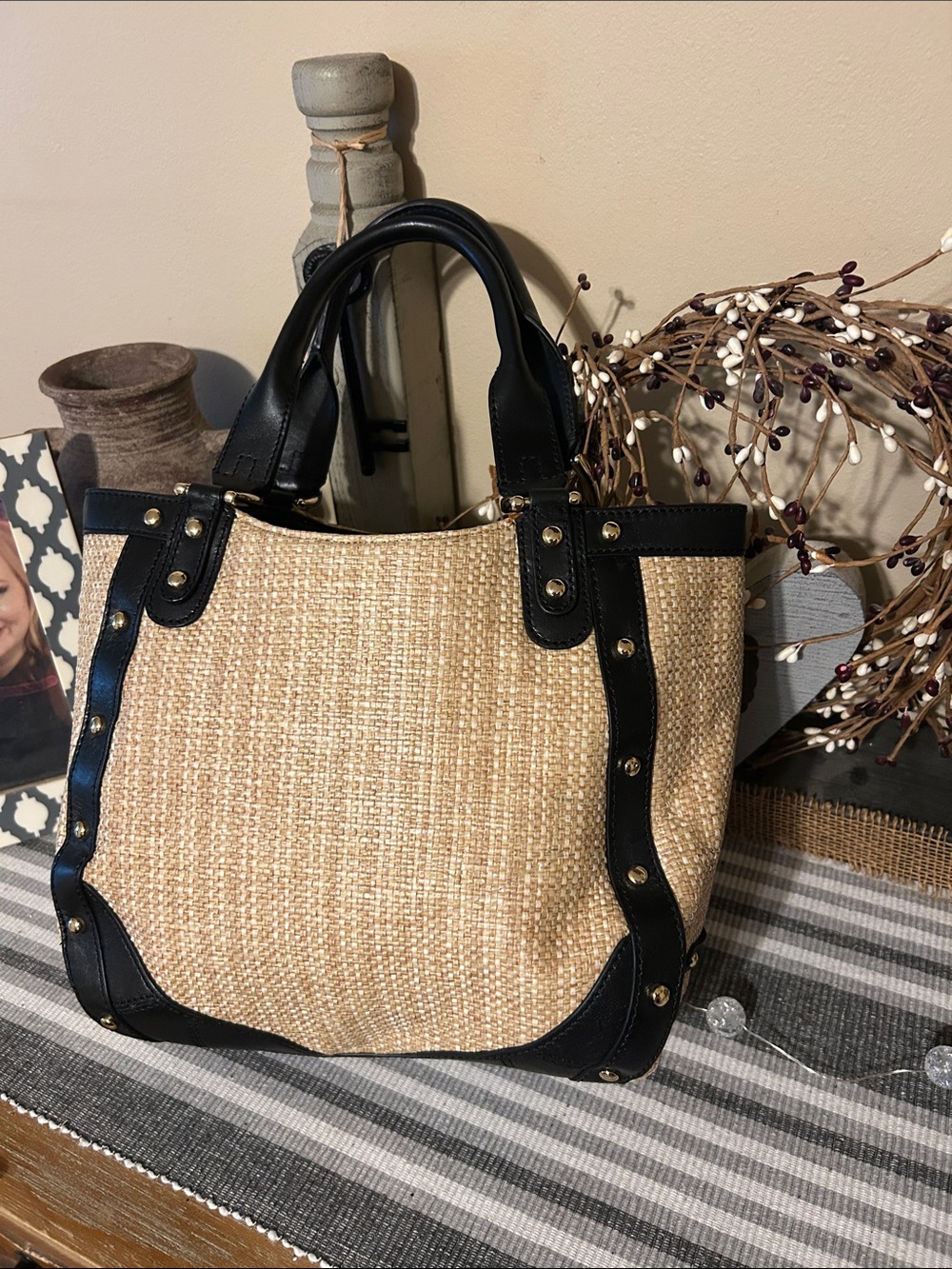 Cole Haan Natural Straw Tote with Black Leather Trim
